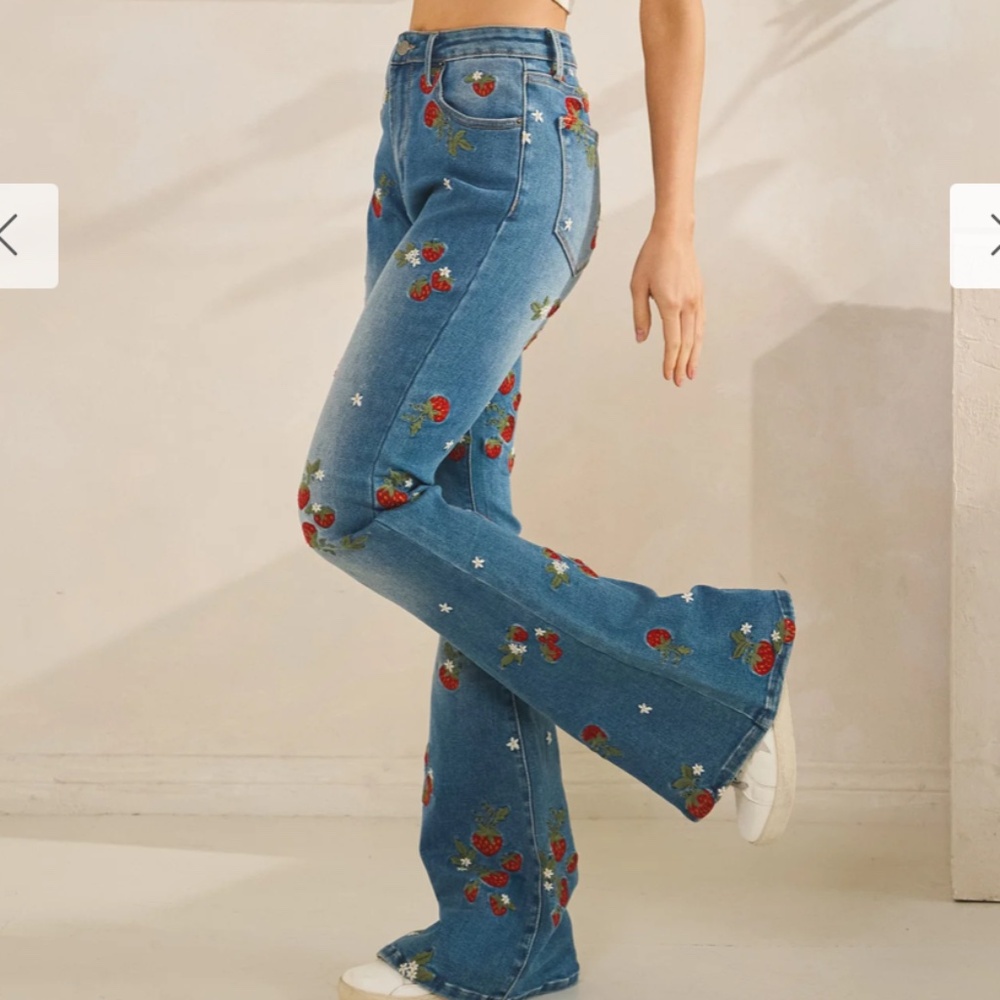 Blue Embroidered Strawberry Flare Jeans